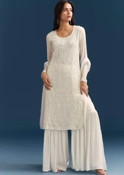 White Pakistani Sharara Suit With Sequin Details And Dupatta