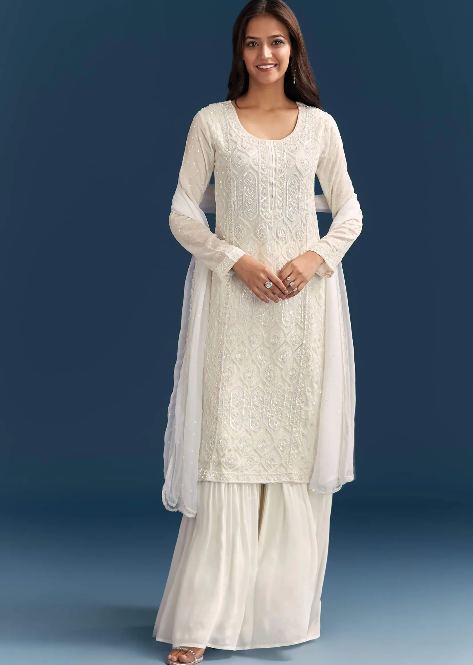 White Pakistani Sharara Suit With Sequin Details And Dupatta