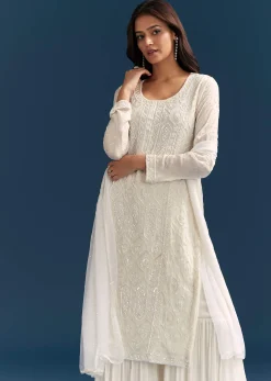 White Pakistani Sharara Suit With Sequin Details And Dupatta