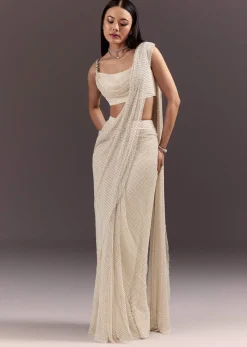 White Pre Draped Saree With Crystal Work And Cowl Blouse
