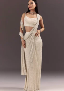 White Pre Draped Saree With Crystal Work And Cowl Blouse