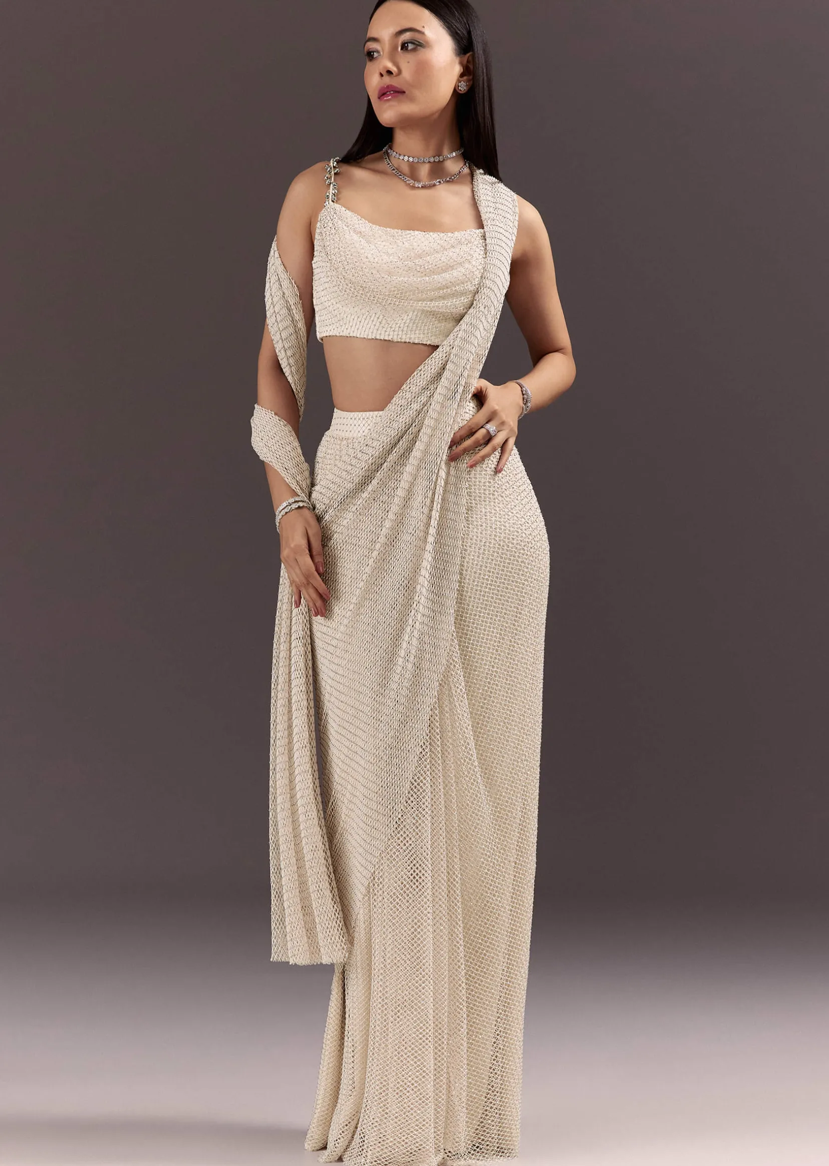 White Pre Draped Saree With Crystal Work And Cowl Blouse