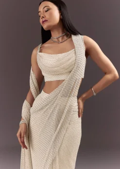 White Pre Draped Saree With Crystal Work And Cowl Blouse