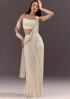 White Pre Draped Saree With Crystal Work And Cowl Blouse