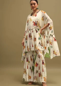White Printed Georgette Crop Top And Sharara Set