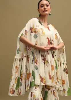 White Printed Georgette Crop Top And Sharara Set