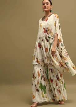 White Printed Georgette Crop Top And Sharara Set