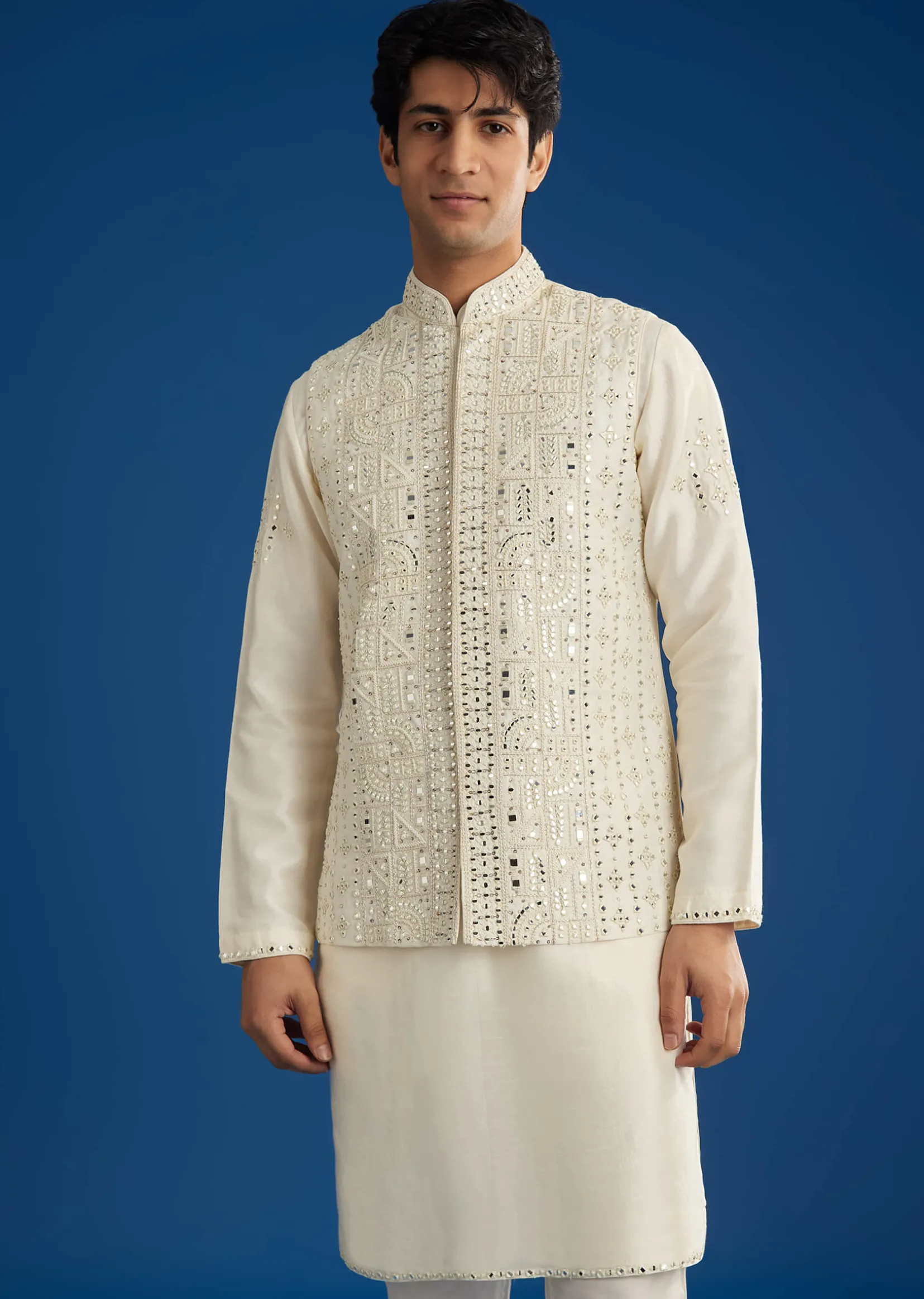 White Rawsilk Jacket Kurta Set With Resham And Mirror Work