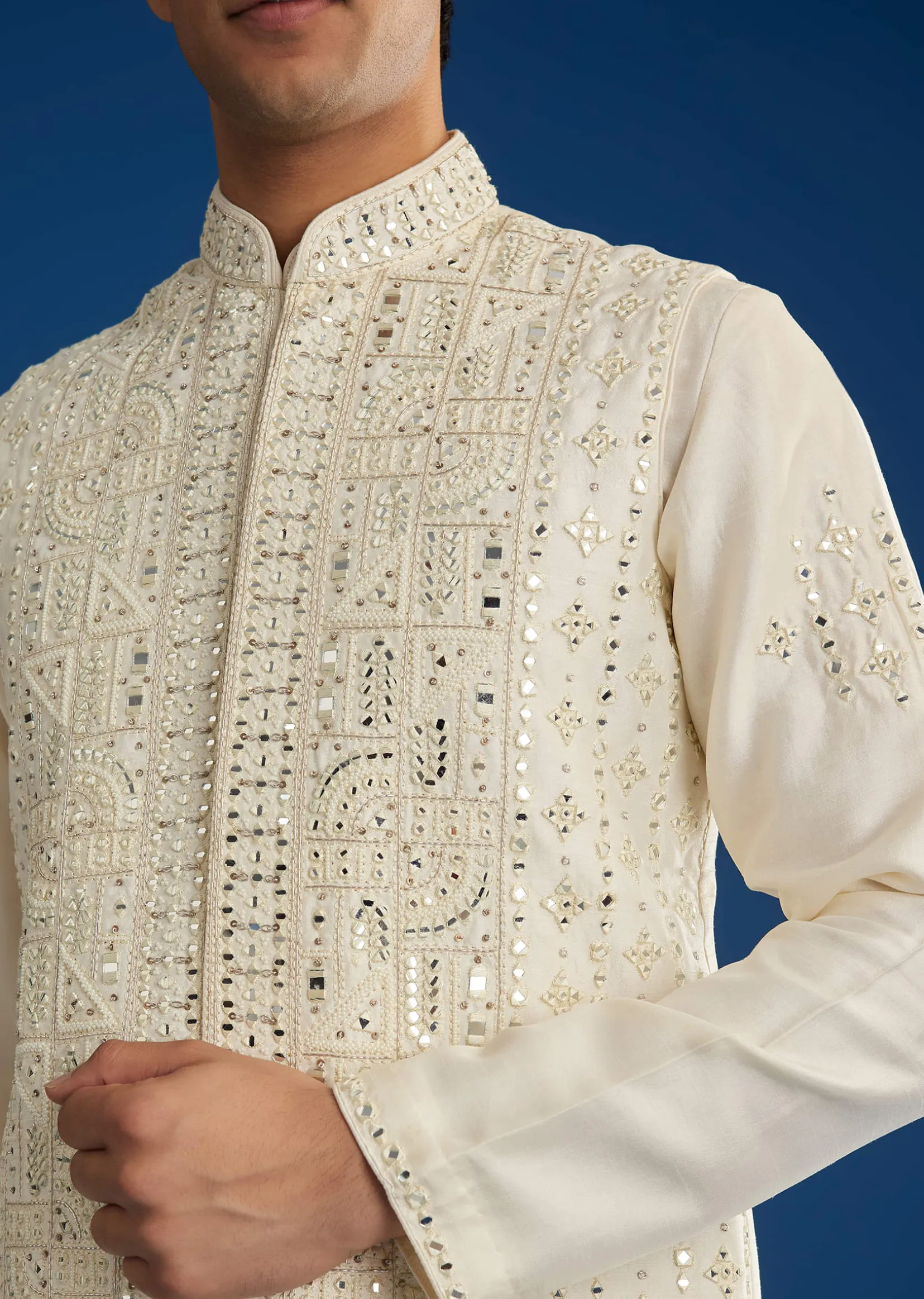 White Rawsilk Jacket Kurta Set With Resham And Mirror Work