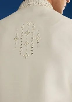 White Rawsilk Jacket Kurta Set With Resham And Mirror Work