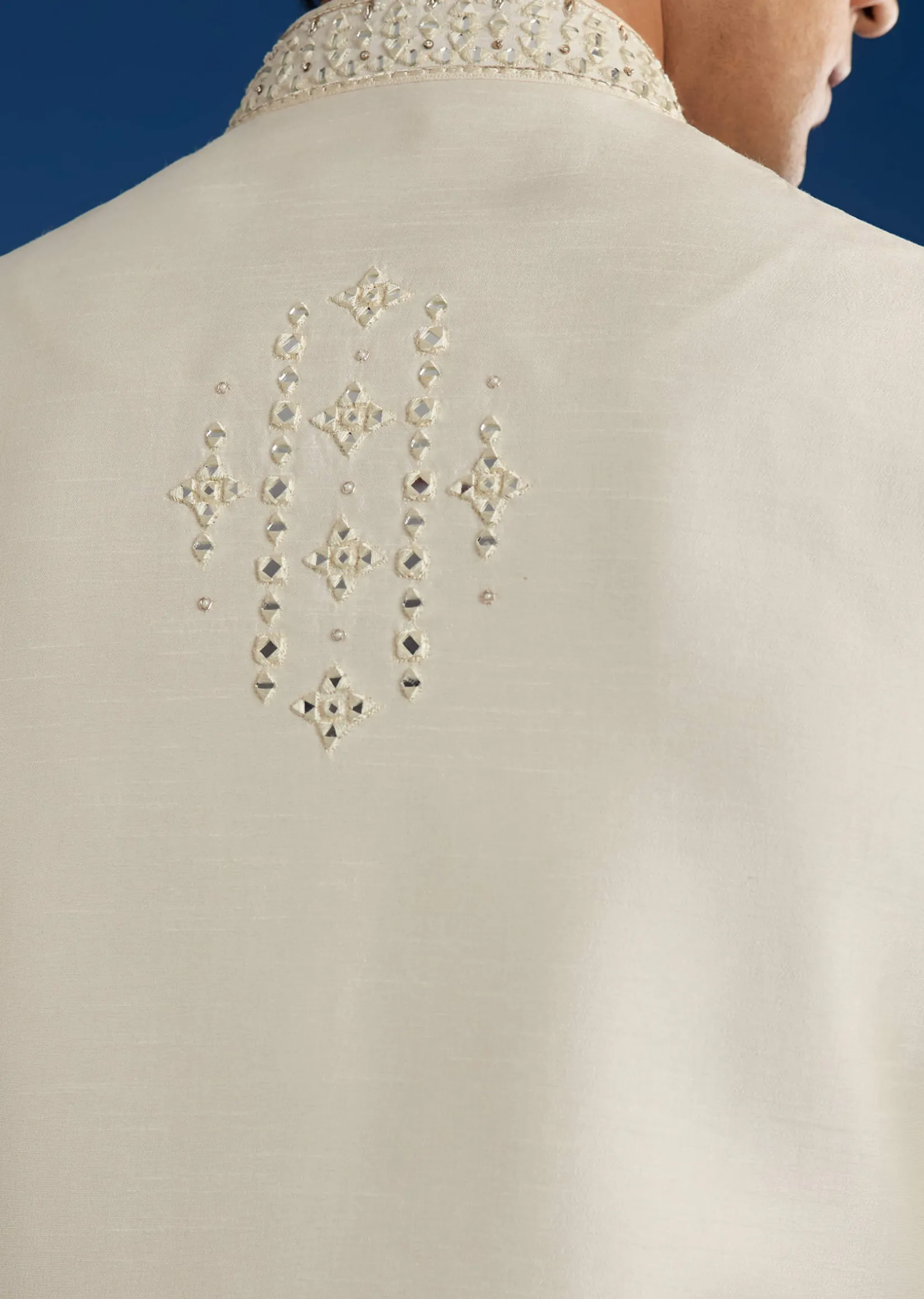 White Rawsilk Jacket Kurta Set With Resham And Mirror Work
