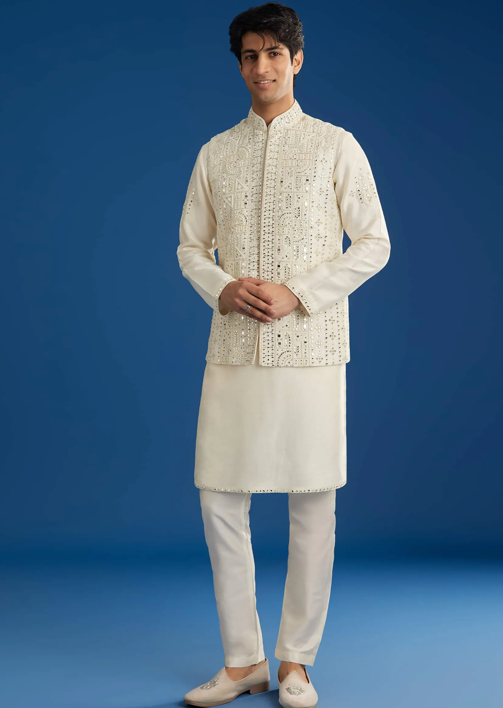 White Rawsilk Jacket Kurta Set With Resham And Mirror Work