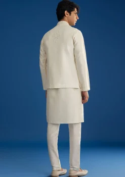 White Rawsilk Jacket Kurta Set With Resham And Mirror Work