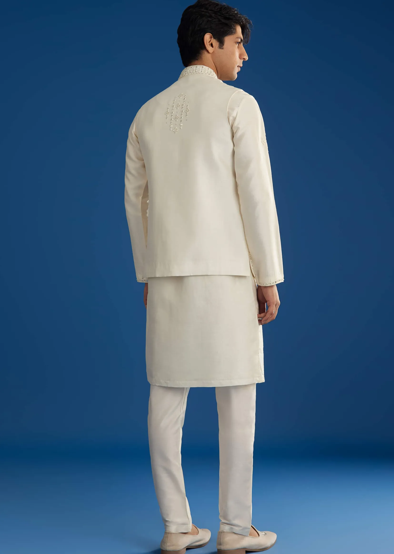 White Rawsilk Jacket Kurta Set With Resham And Mirror Work
