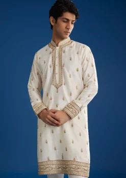 White Rawsilk Kurta Set With Zari Sequins And Cut Dana