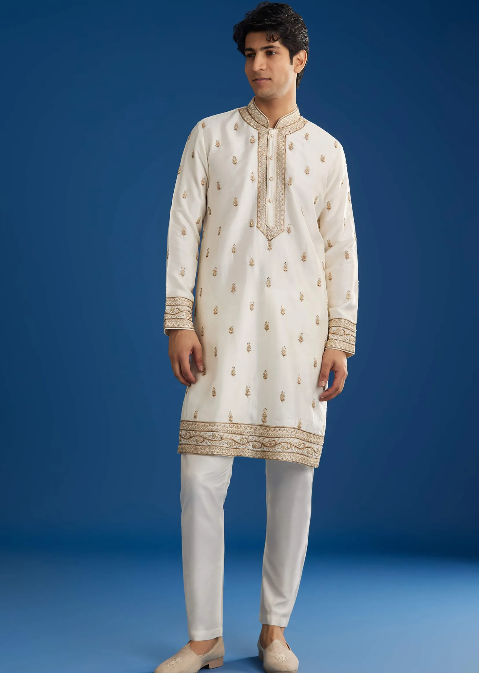 White Rawsilk Kurta Set With Zari Sequins And Cut Dana