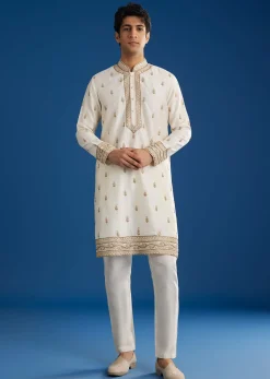 White Rawsilk Kurta Set With Zari Sequins And Cut Dana