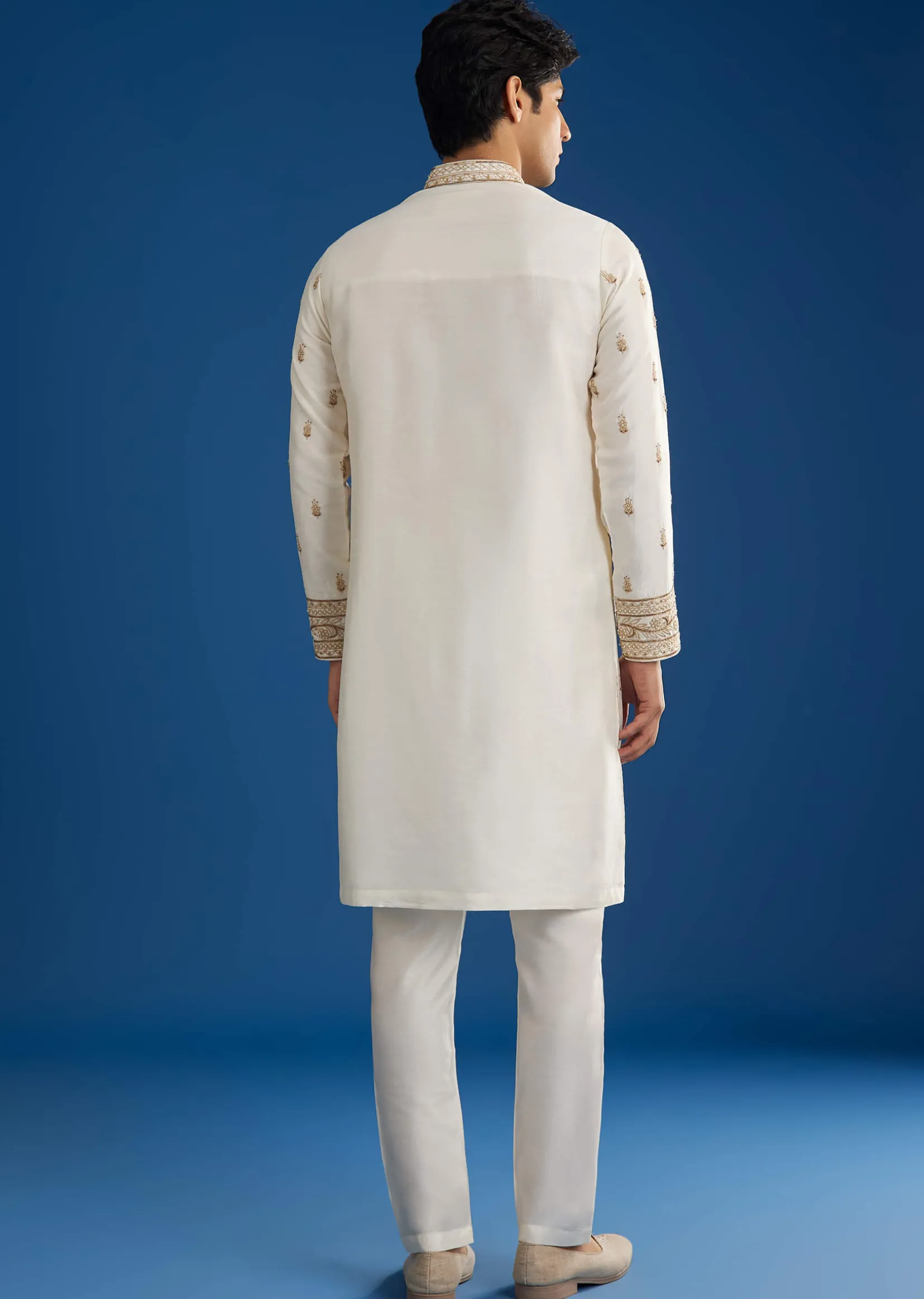 White Rawsilk Kurta Set With Zari Sequins And Cut Dana