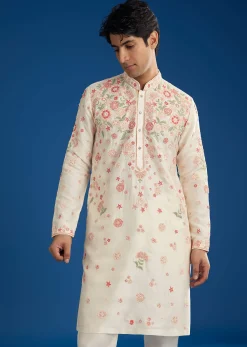 White Rawsilk Kurta Set With Floral Resham Embroidery