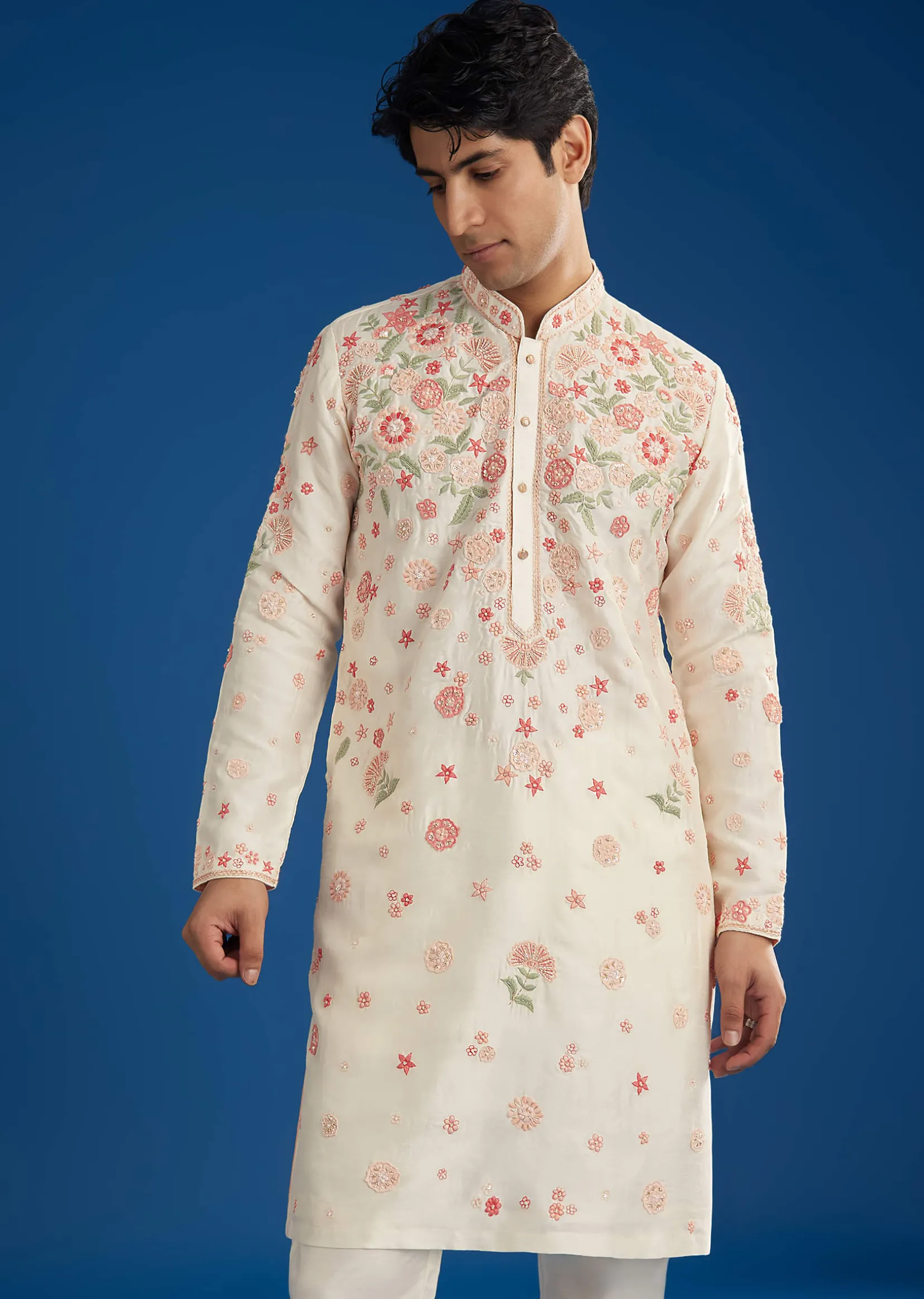 White Rawsilk Kurta Set With Floral Resham Embroidery