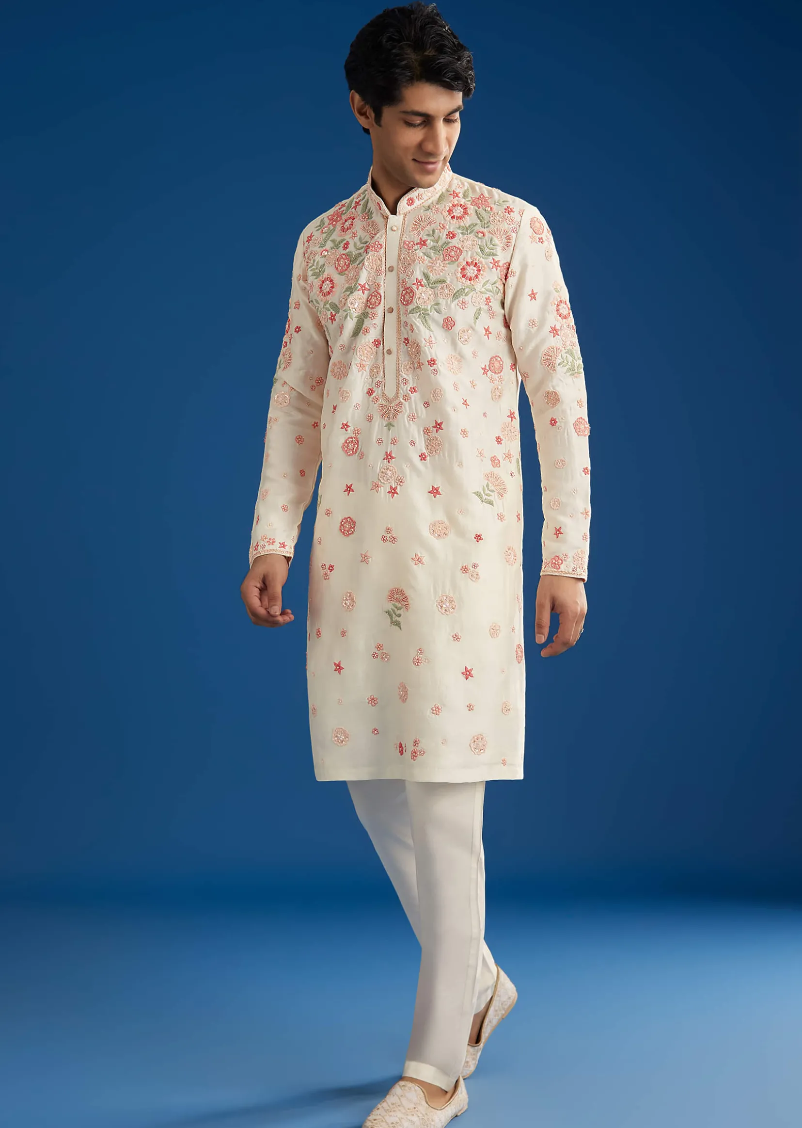 White Rawsilk Kurta Set With Floral Resham Embroidery