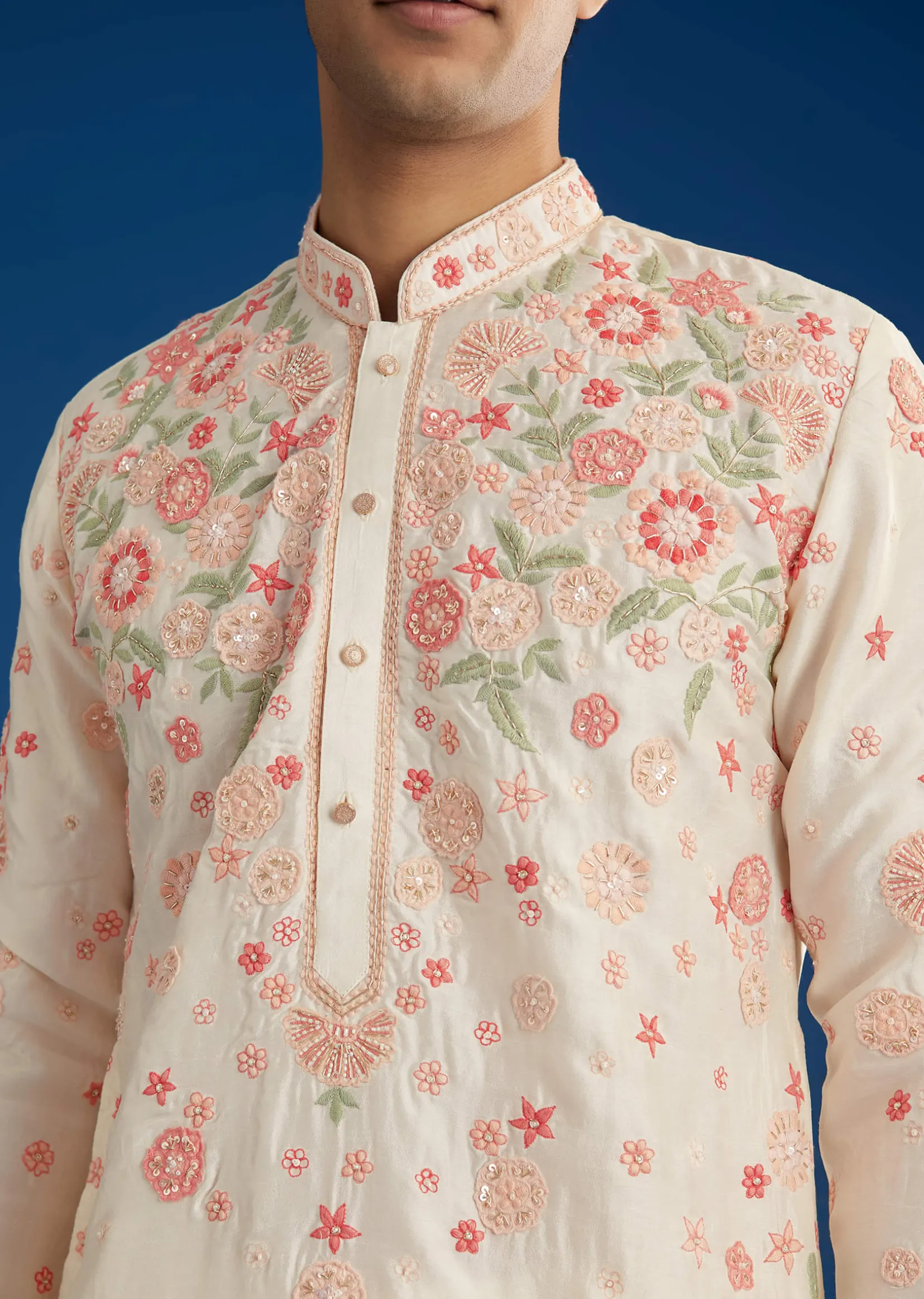 White Rawsilk Kurta Set With Floral Resham Embroidery