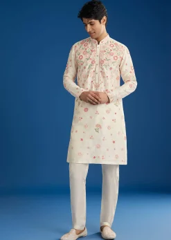 White Rawsilk Kurta Set With Floral Resham Embroidery