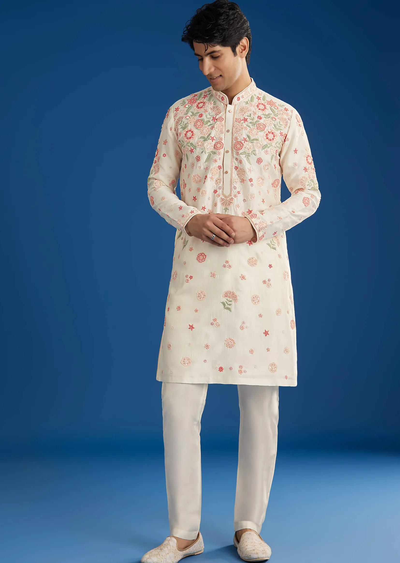 White Rawsilk Kurta Set With Floral Resham Embroidery