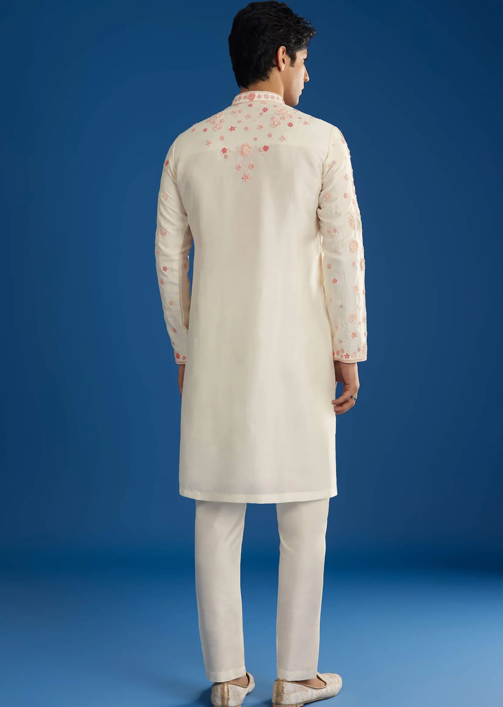 White Rawsilk Kurta Set With Floral Resham Embroidery