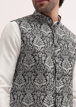 White Resham Work Kurta Jacket Set For Men