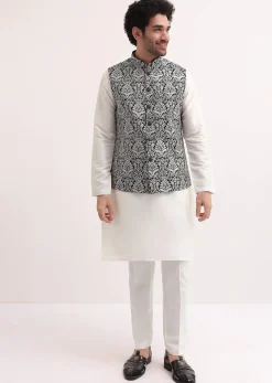 White Resham Work Kurta Jacket Set For Men