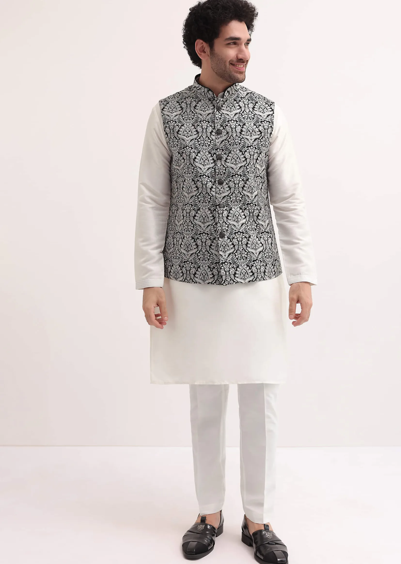 White Resham Work Kurta Jacket Set For Men