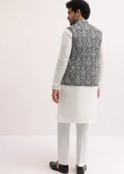 White Resham Work Kurta Jacket Set For Men
