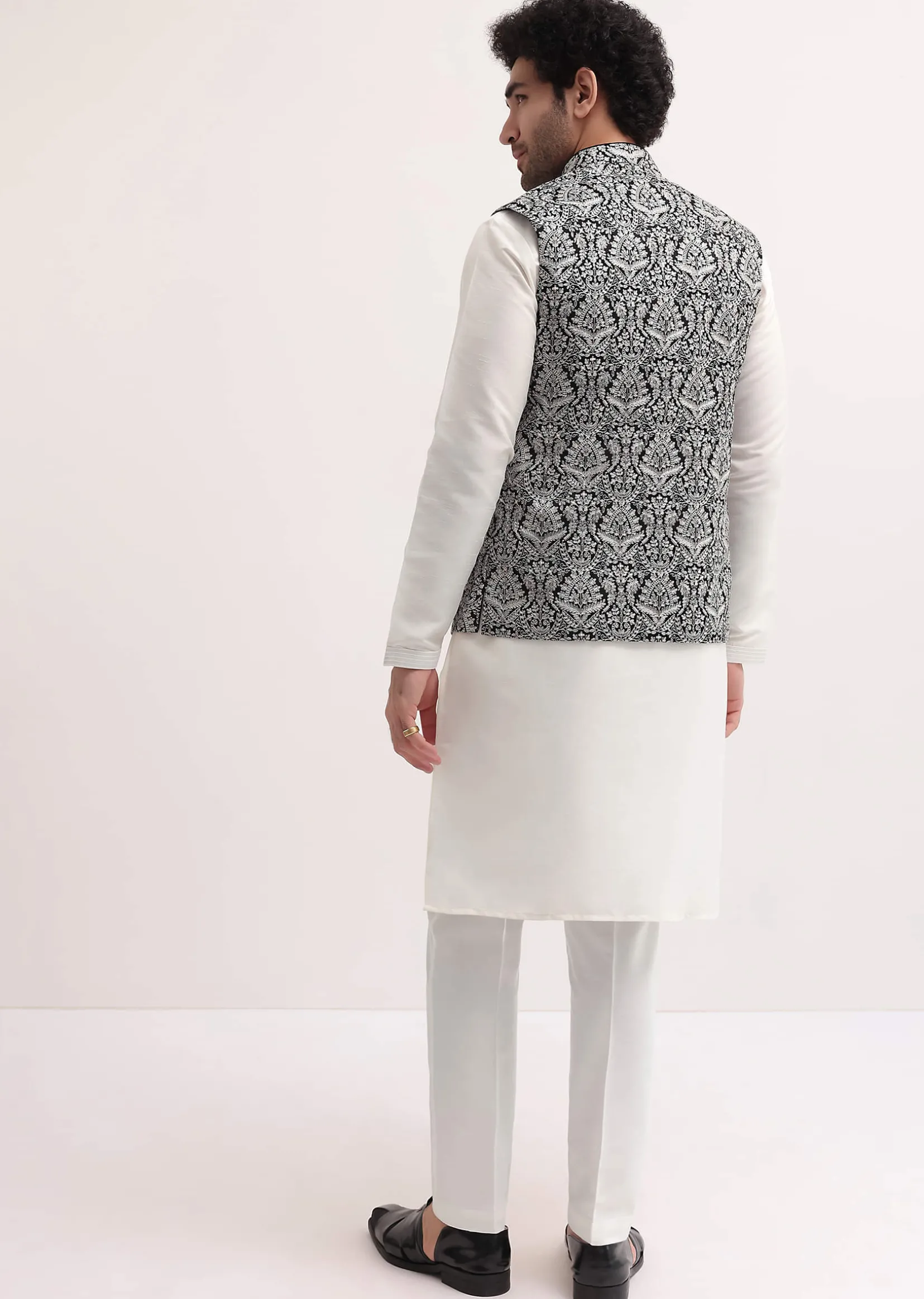 White Resham Work Kurta Jacket Set For Men