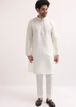 White Resham Work Kurta Jacket Set For Men