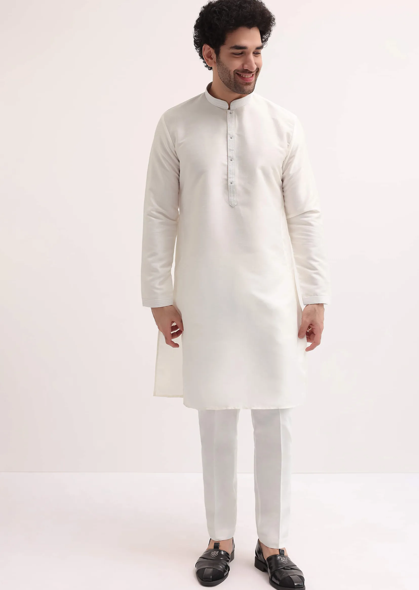 White Resham Work Kurta Jacket Set For Men