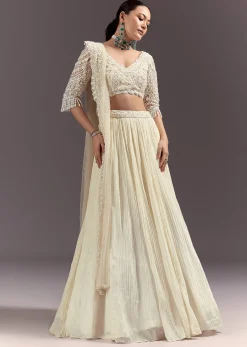 White Rushed Lehenga Set With Cape Dupatta
