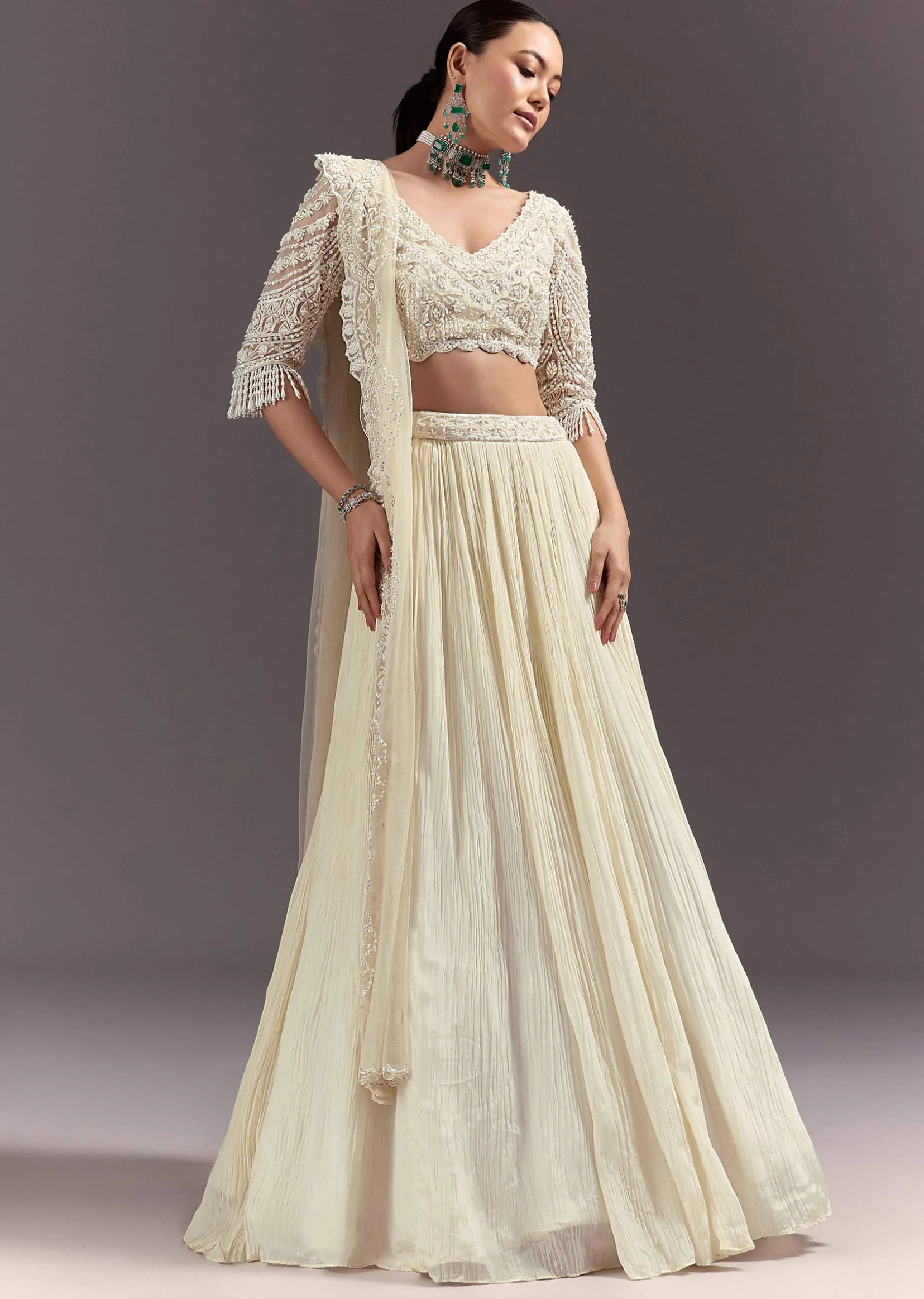 White Rushed Lehenga Set With Cape Dupatta