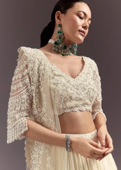 White Rushed Lehenga Set With Cape Dupatta
