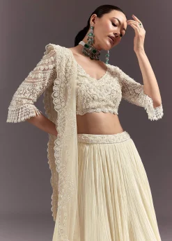 White Rushed Lehenga Set With Cape Dupatta