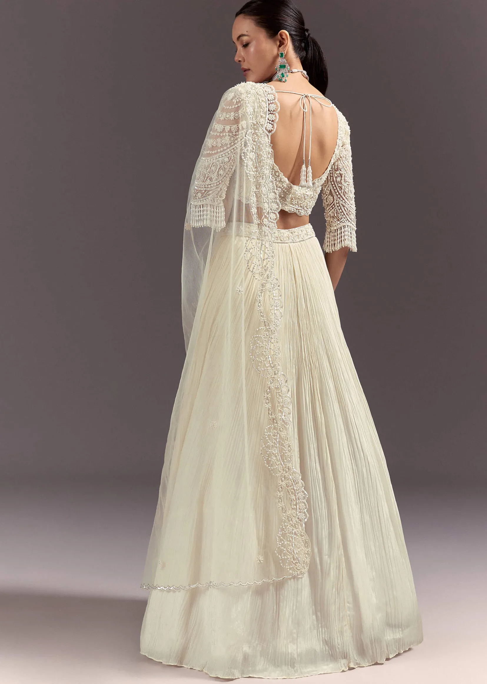 White Rushed Lehenga Set With Cape Dupatta