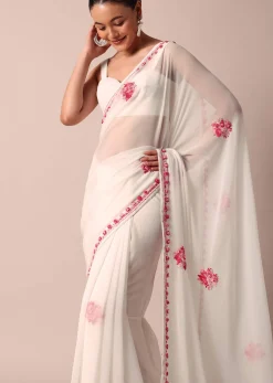 White Saree With Floral Embroidery And Unstitched Blouse Piece