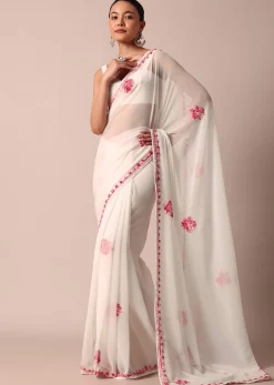 White Saree With Floral Embroidery And Unstitched Blouse Piece