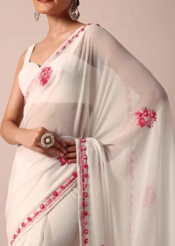 White Saree With Floral Embroidery And Unstitched Blouse Piece