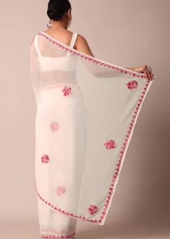 White Saree With Floral Embroidery And Unstitched Blouse Piece