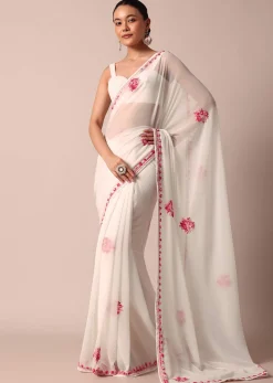 White Saree With Floral Embroidery And Unstitched Blouse Piece