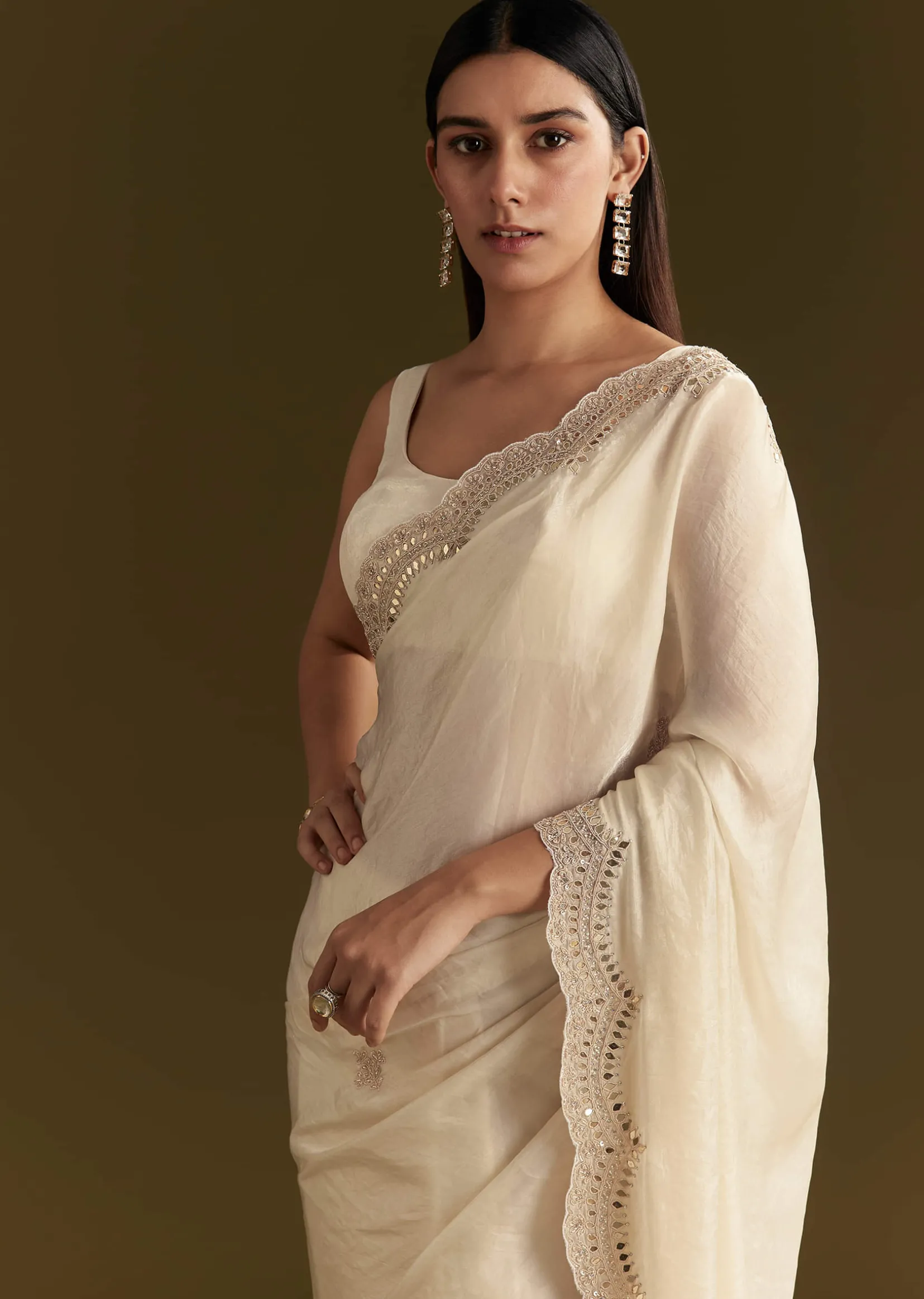 White Satin Embroidered Saree With Gota Patti Work