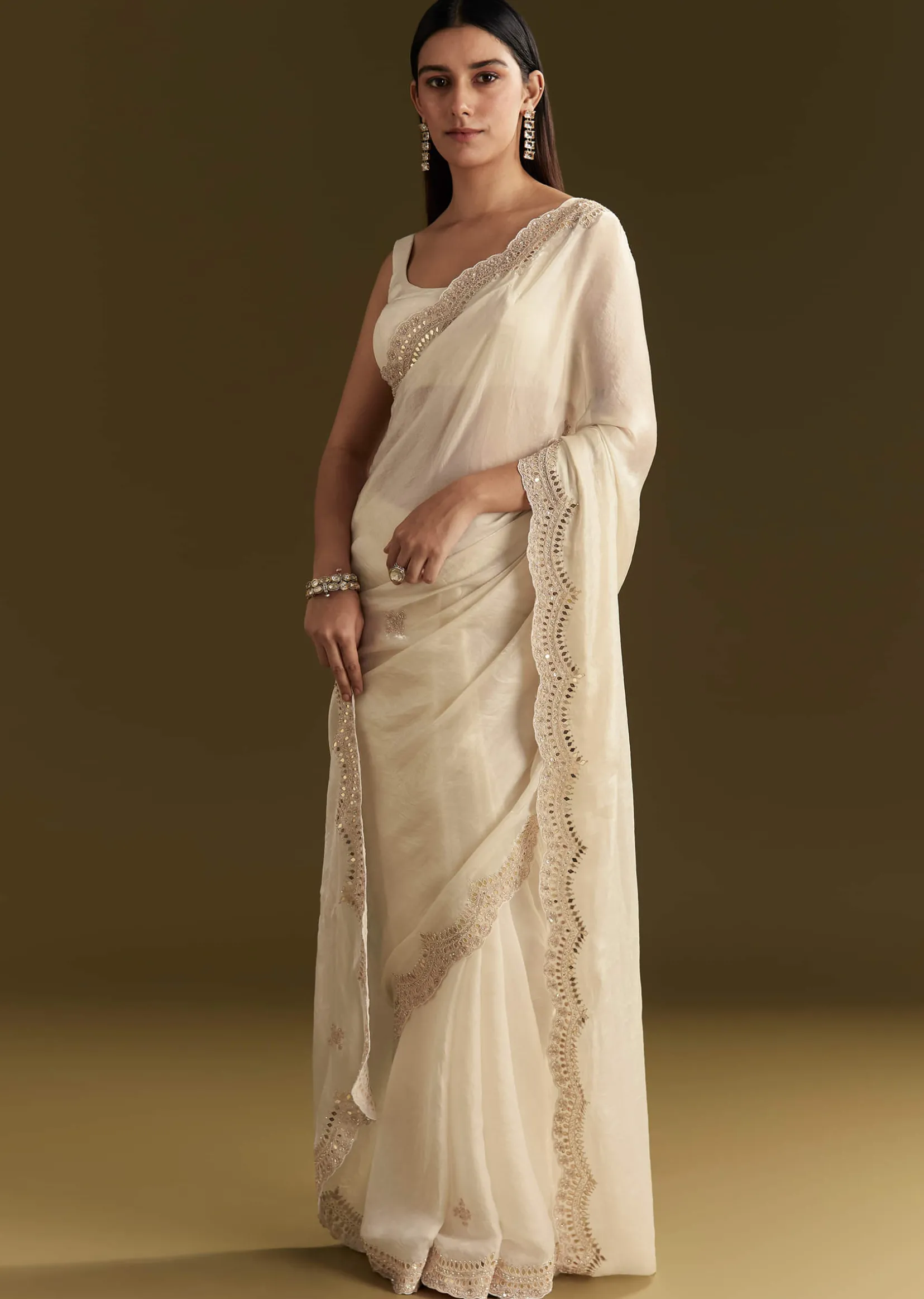 White Satin Embroidered Saree With Gota Patti Work