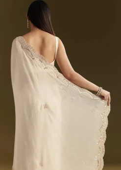 White Satin Embroidered Saree With Gota Patti Work