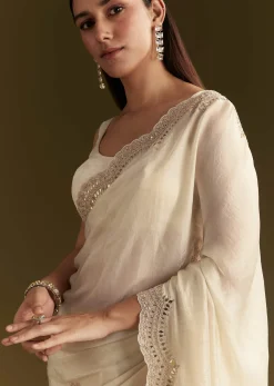White Satin Embroidered Saree With Gota Patti Work
